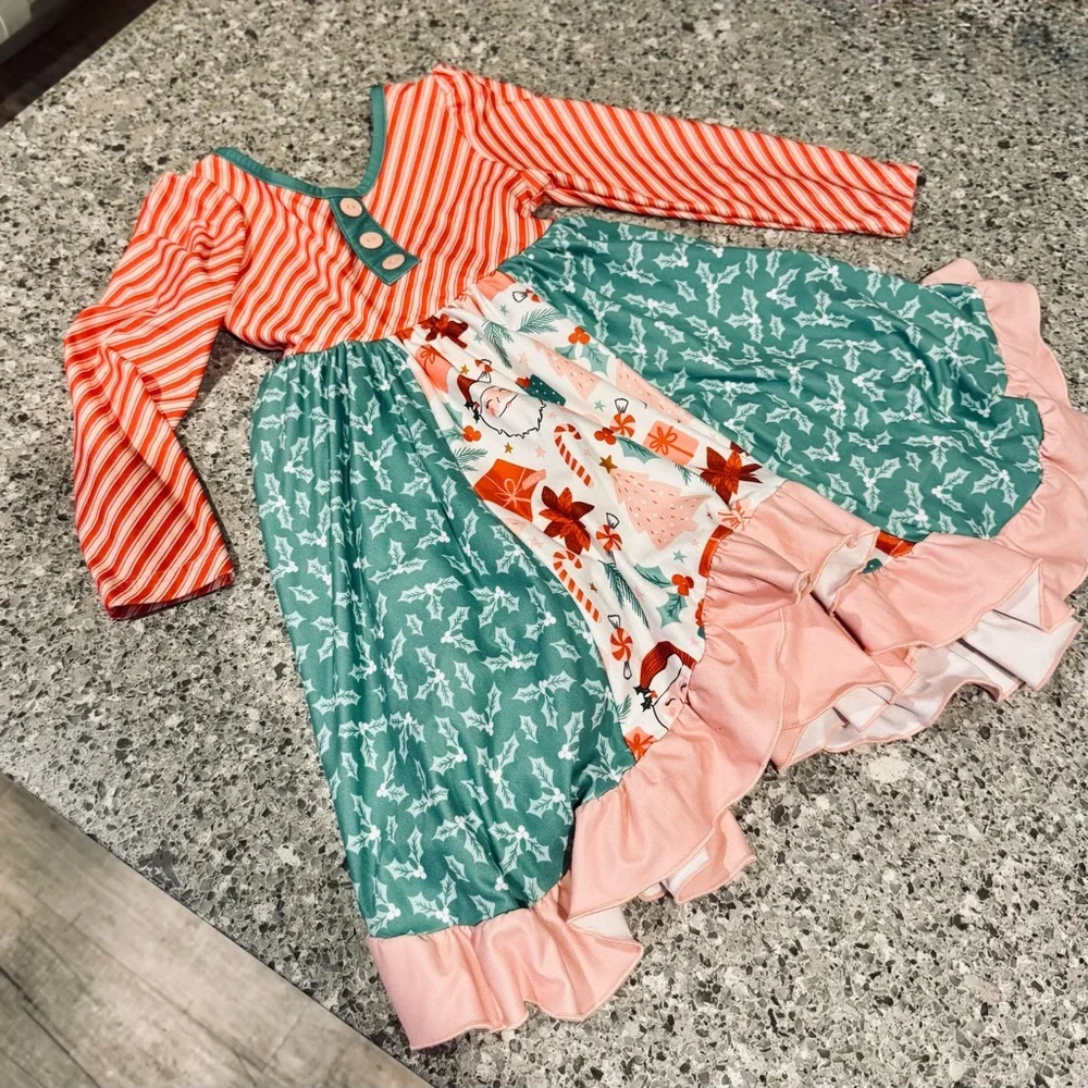 Cheeky Plum Striped and Floral Long Sleeve Santa Dress - Size 4T - EUC ⭐🎄 - Picture 5 of 12